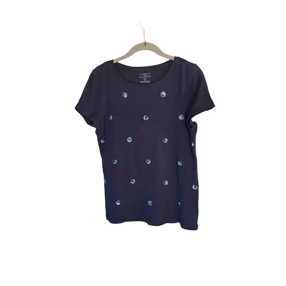 Talbots women’s navy blue embellished, sequin polkadot T-shirt MP